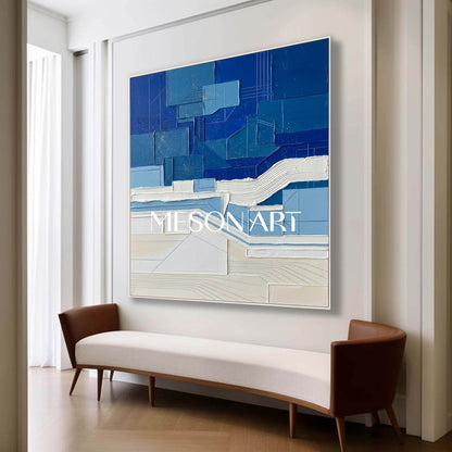 Contemporary Blue Color Block Minimalist Coastal Wall Decor Large Square Canvas Painting