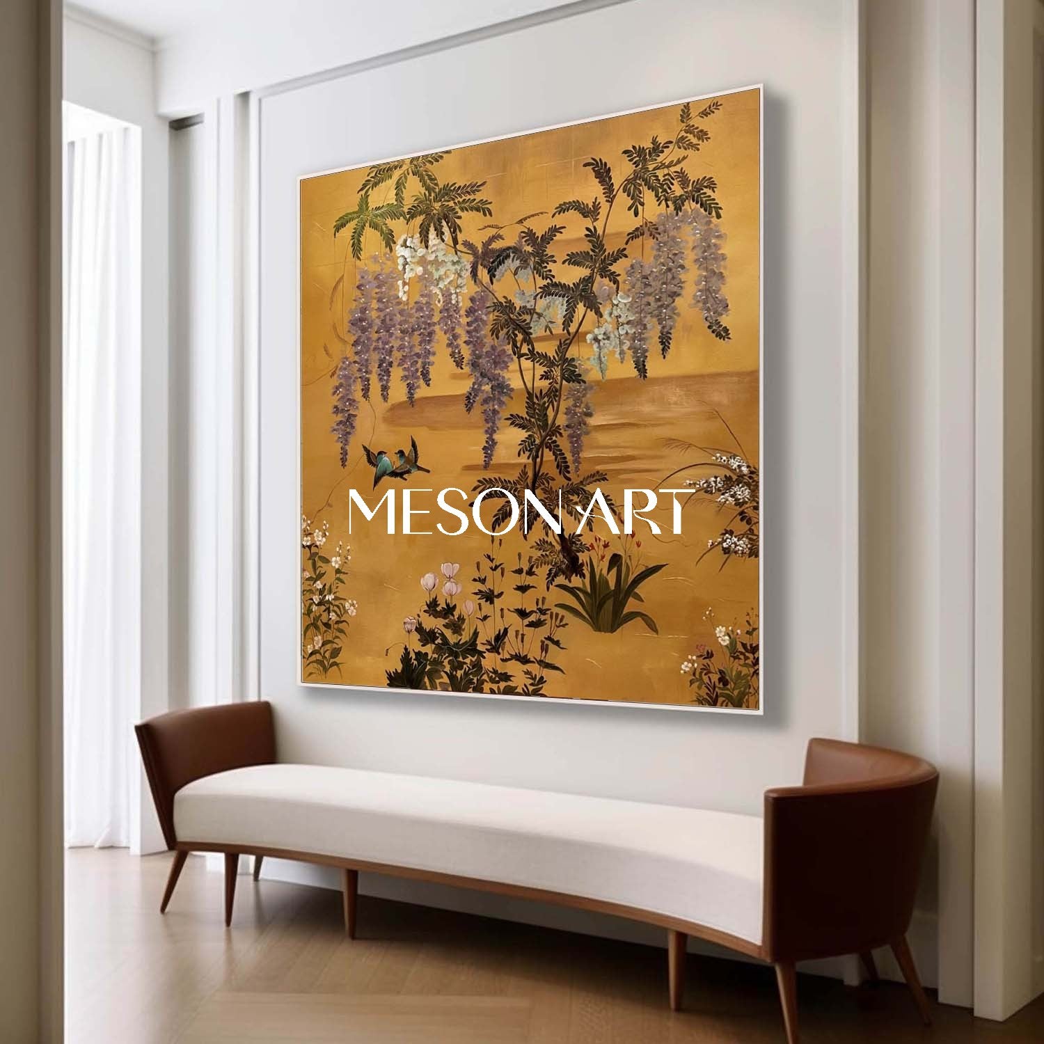 Vintage Gold Chinoiserie Floral Oil Painting Wall Art | MesonArt