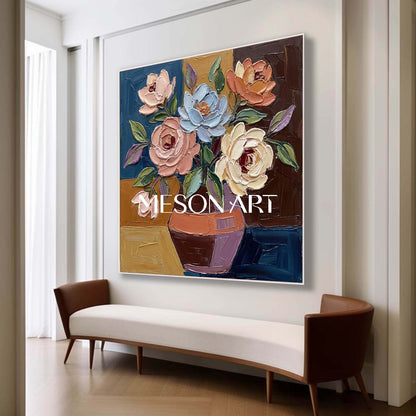 Abstract floral wall art decoration with colorful knife scraping colorful floral palette painting