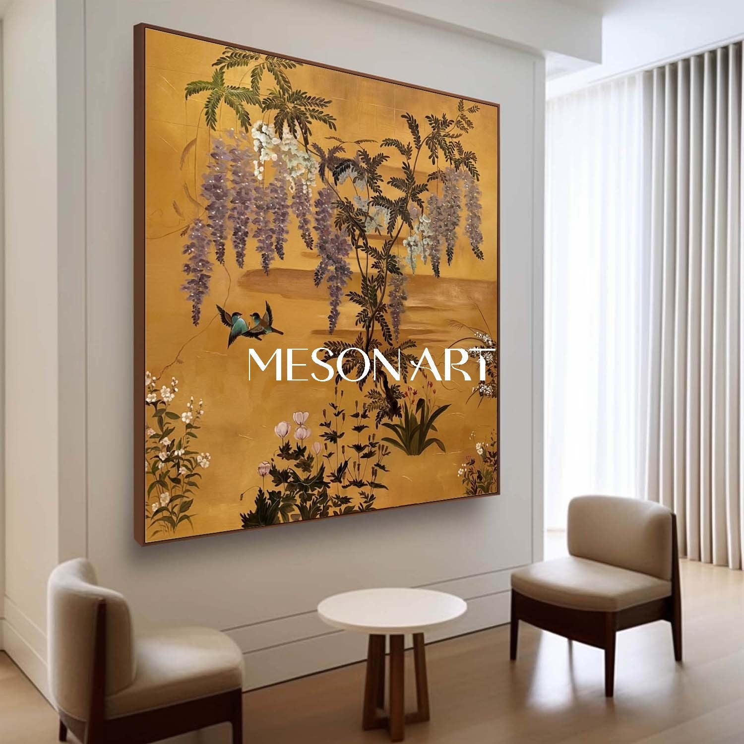 Vintage Gold Chinoiserie Floral Oil Painting Wall Art | MesonArt