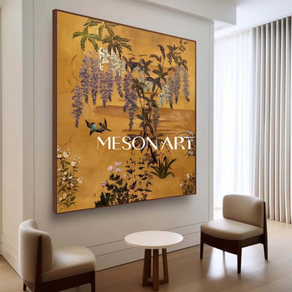 Vintage Gold Chinoiserie Floral Oil Painting Wall Art | MesonArt
