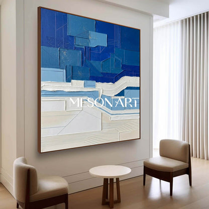 Contemporary Blue Color Block Minimalist Coastal Wall Decor Large Square Canvas Painting