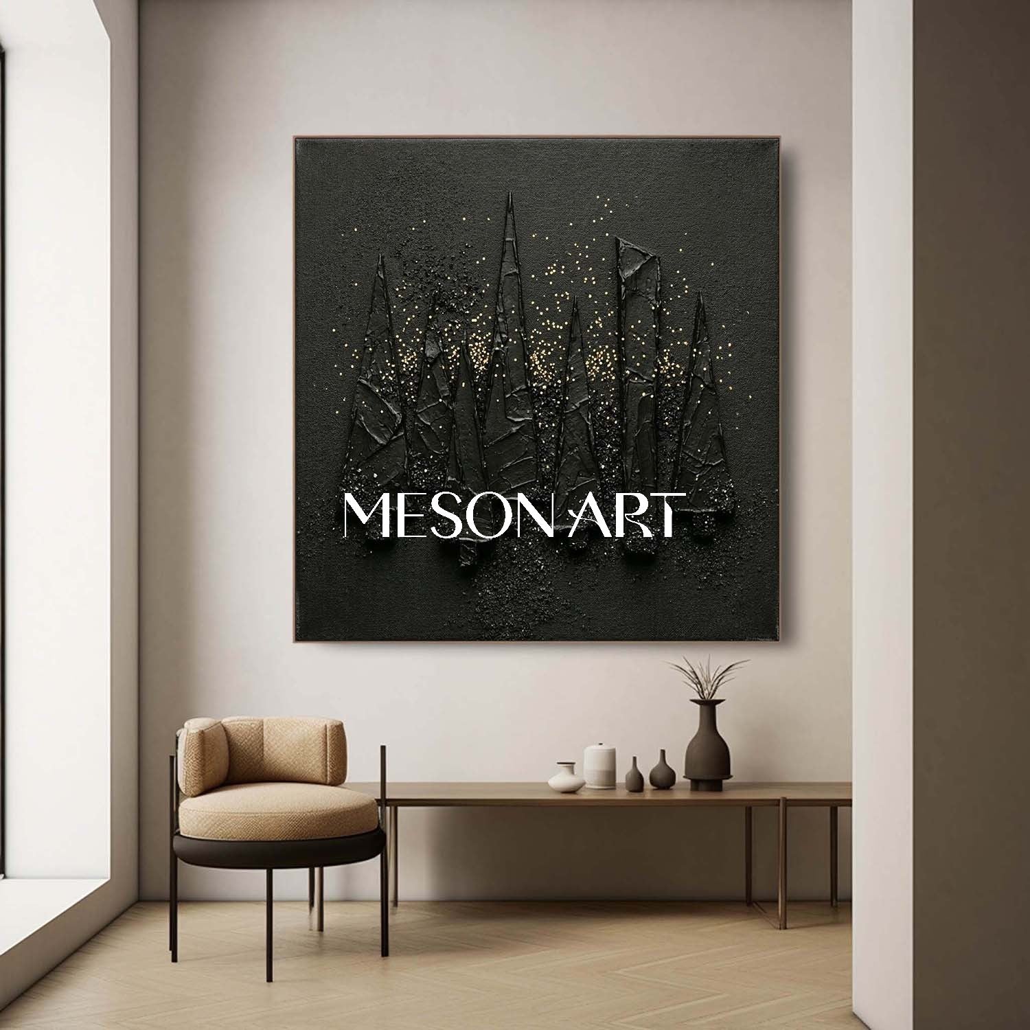 Black Textured Art Modern Minimalist Decor Abstract Christmas Trees Geometric Pine Trees