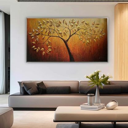 Large 3D Dold Leaf Tree Wall Art Decor Golden Leaf Tree Wall Decoration Hanging Painting Gold Leaf Tree Canvas Art