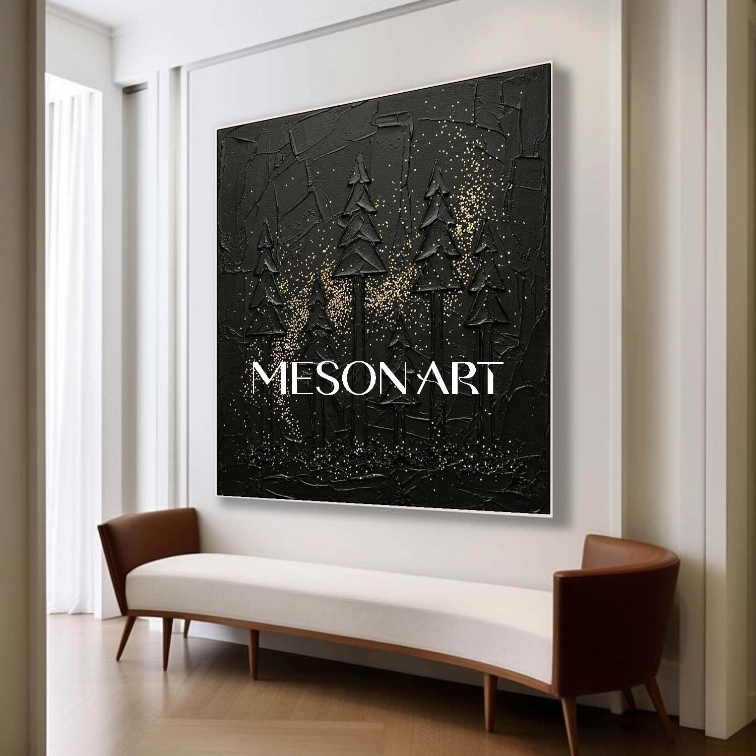 Contemporary Living Room Piece Textured Black Forest Gold Glitter Canvas Abstract Dark Aesthetic