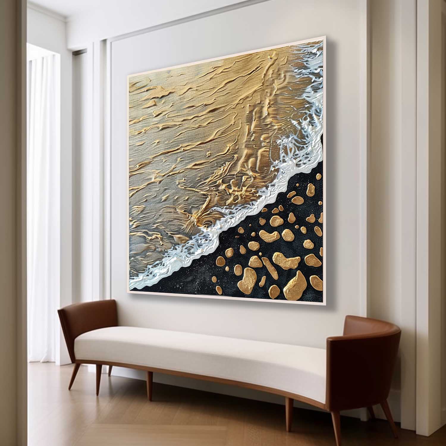 Gold and Black Textured Sea Painting Gold and Black Wave Beach Canvas Art Wave Beach Wall Art