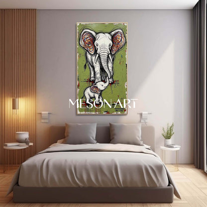 Large Avocado Green Elephant Canvas Art Abstract Elephant Graffiti Painting