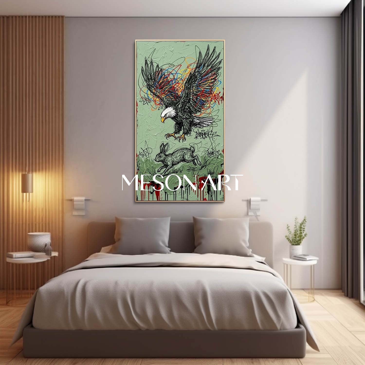 Large Vertical Framed Bald Eagle Hunting Rabbit Canvas Wall Art, Sage Green Textured Abstract Street Art Oil Painting For Office And Living Room Decor By MesonArt