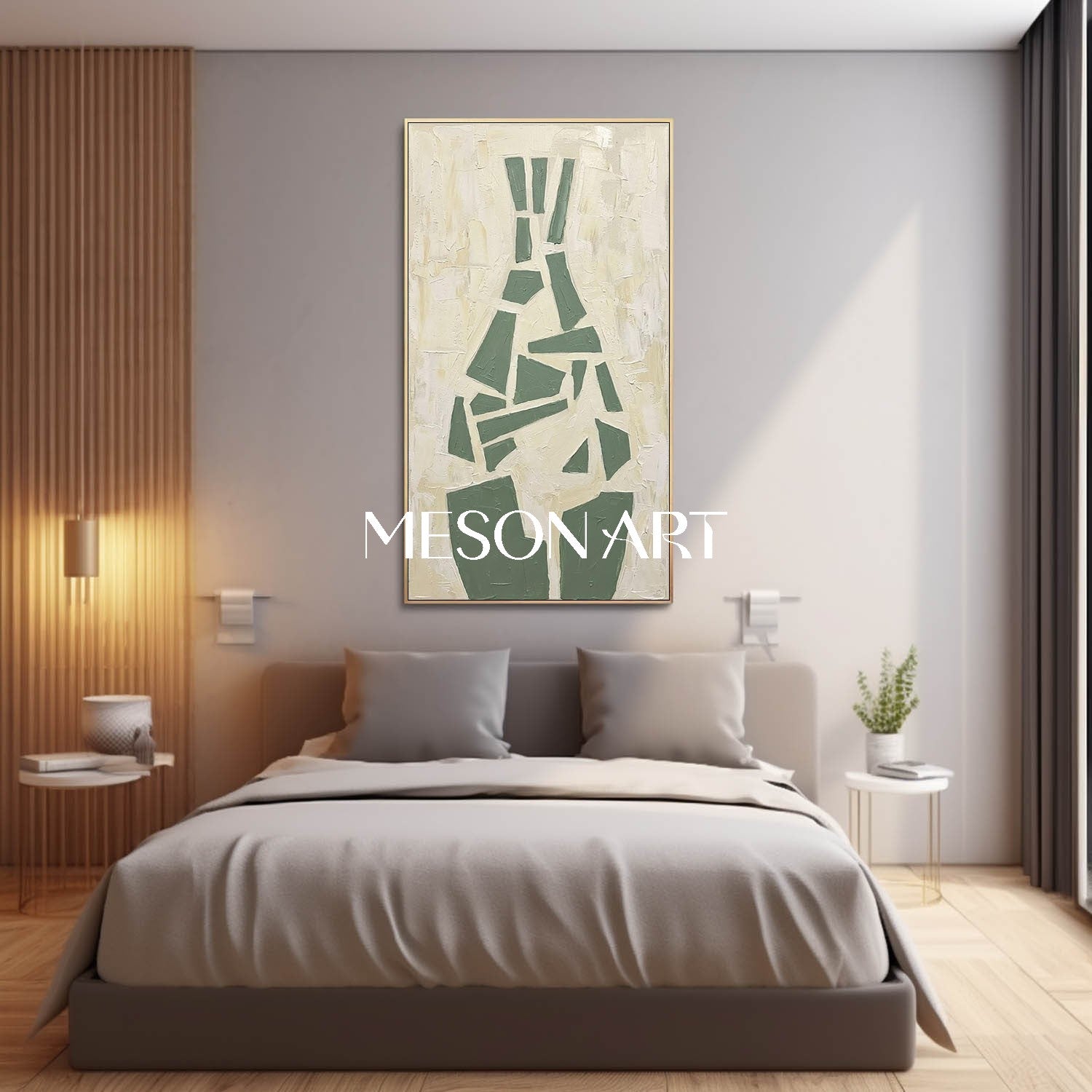 Tall Vertical Fragmented Vase Art Sage Green Geometric Still Life Custom Size Boho Minimalist Art