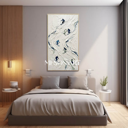 Vertical Plaster Relief Winter Sports Landscape Painting for Entryway Wall