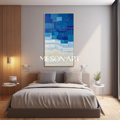 Oversized Blue Textured Art Blue Geometric Abstract Artwork Handmade Relief Wall Painting