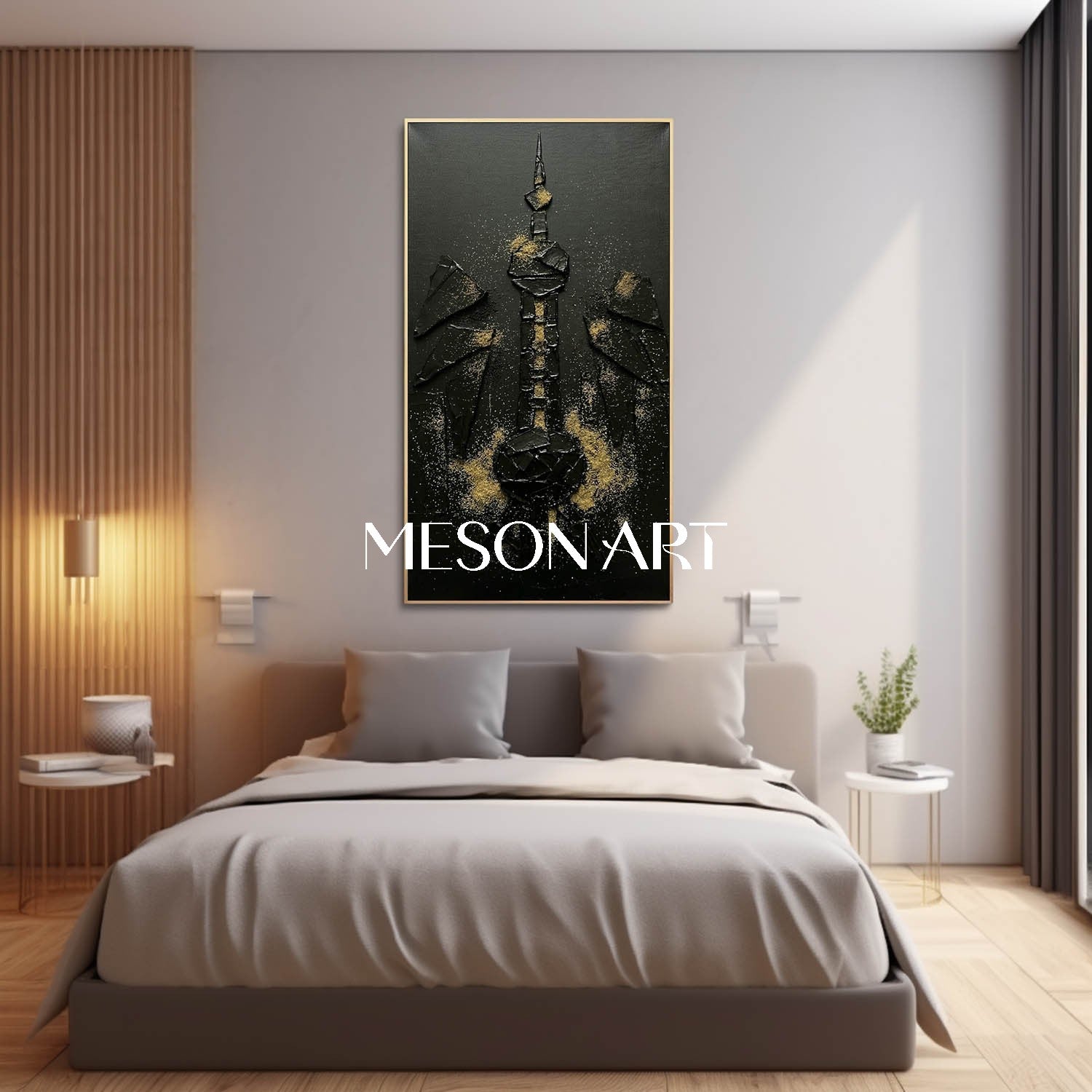 Abstract Tower Wall Art, Landmark Silhouette Canvas, Symmetrical Geometric Painting, Floating Shards Decor.