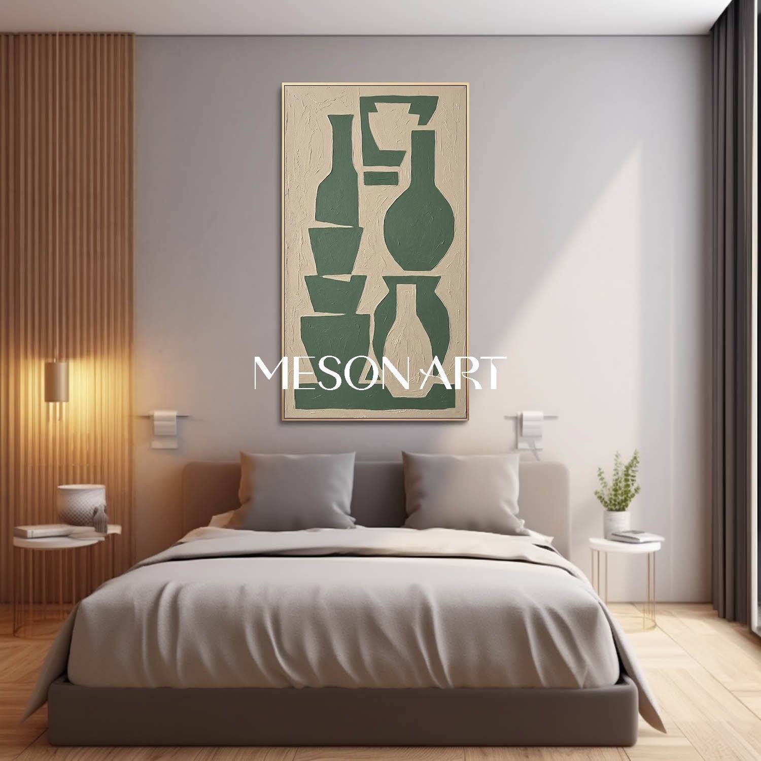 MesonArt Tall Vertical Vase Art Sage Green Stacked Bottles Heavy Impasto Staircase Painting