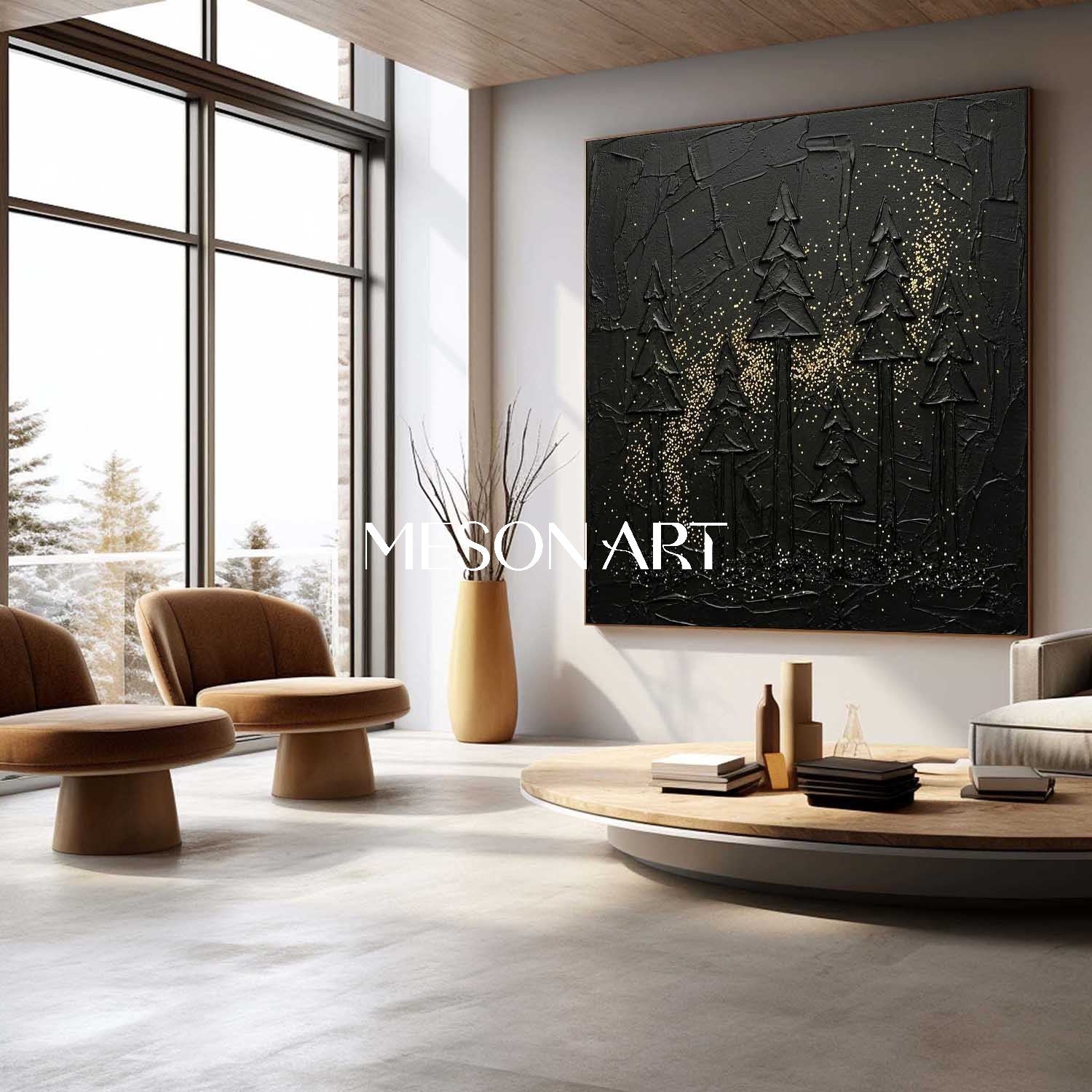 Contemporary Living Room Piece Textured Black Forest Gold Glitter Canvas Abstract Dark Aesthetic