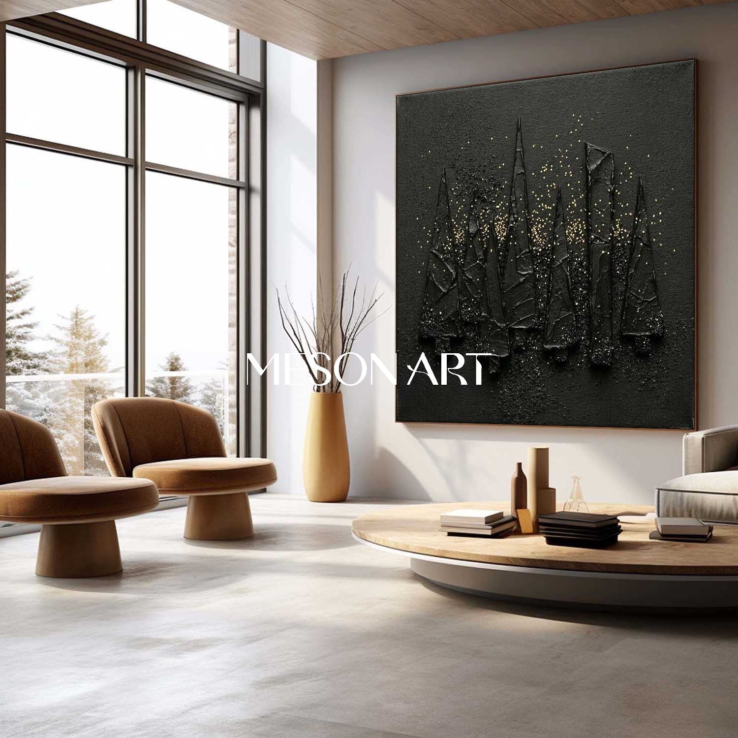 Black Textured Art Modern Minimalist Decor Abstract Christmas Trees Geometric Pine Trees