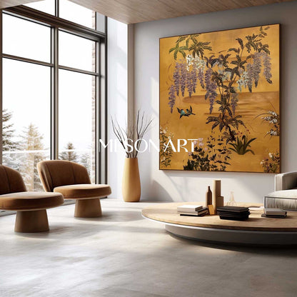 Vintage Gold Chinoiserie Floral Oil Painting Wall Art | MesonArt