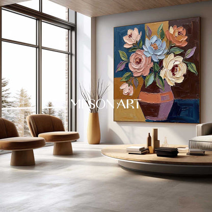 Abstract floral wall art decoration with colorful knife scraping colorful floral palette painting