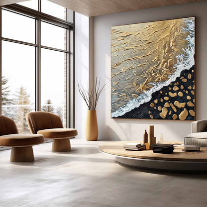Gold and Black Textured Sea Painting Gold and Black Wave Beach Canvas Art Wave Beach Wall Art