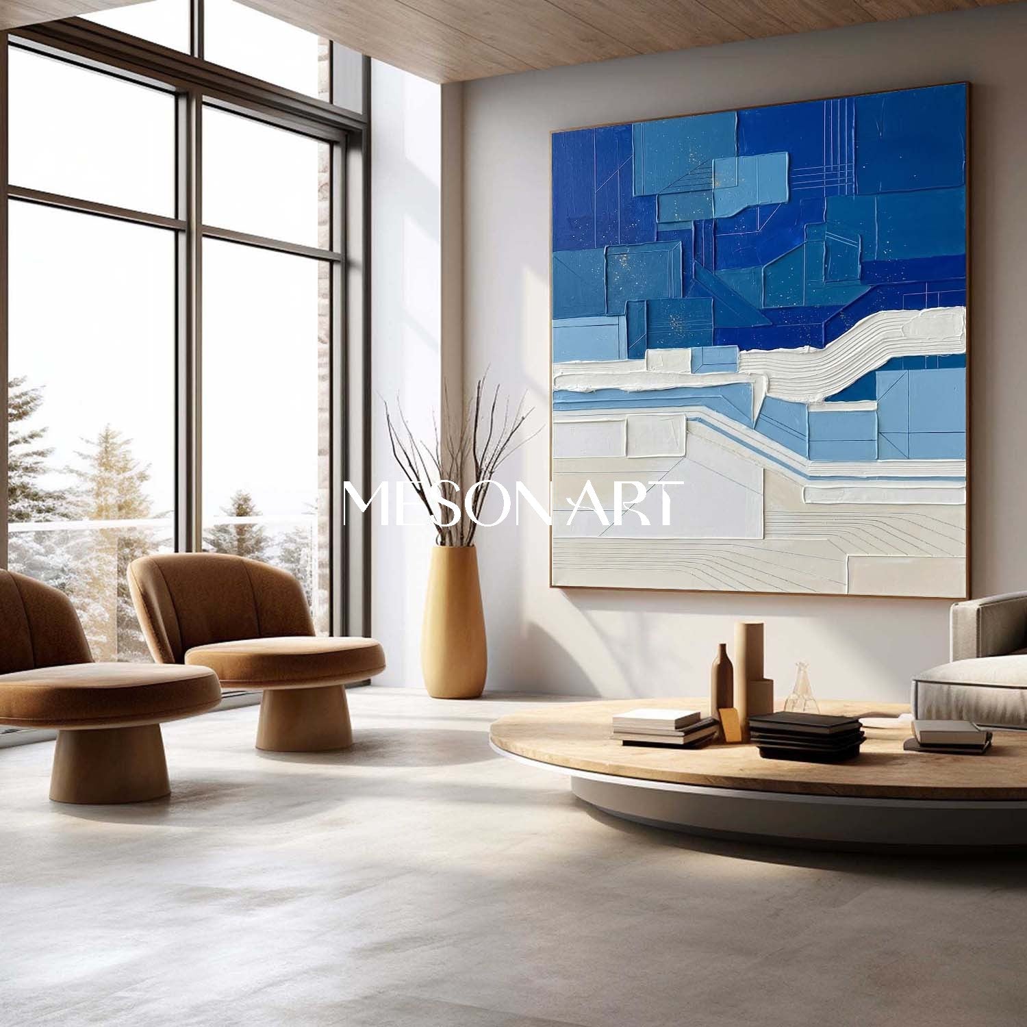 Contemporary Blue Color Block Minimalist Coastal Wall Decor Large Square Canvas Painting