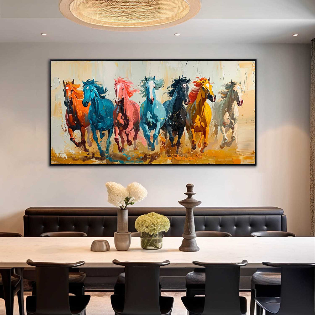 Large Colorful Running Horses Oil Painting Living Room Colorful Horses ...