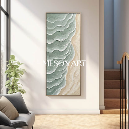 Large Green Wave And Beach Canvas Wall painting Minimalist Sea Wall Art Decoration