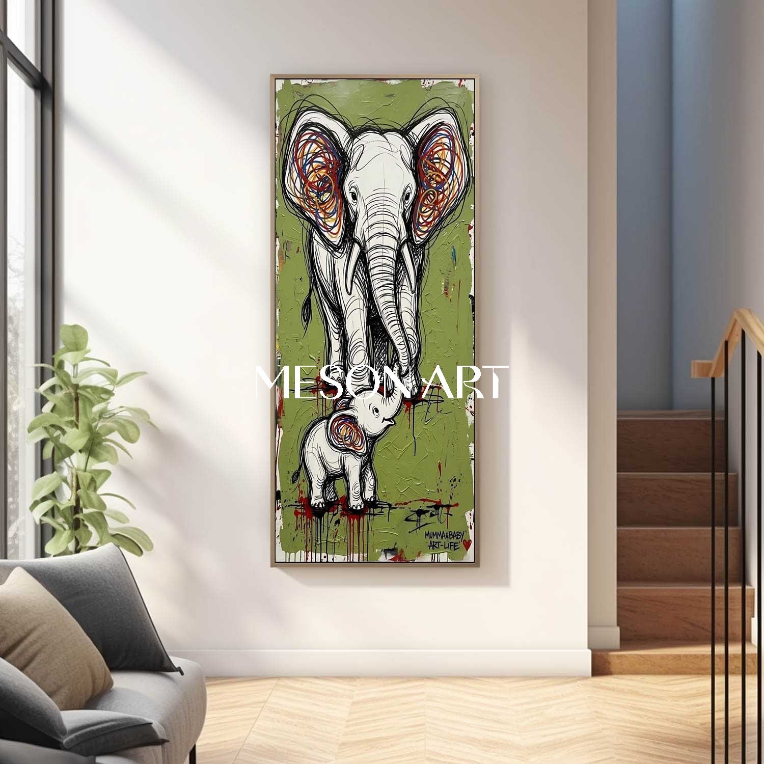 Large Avocado Green Elephant Canvas Art Abstract Elephant Graffiti Painting