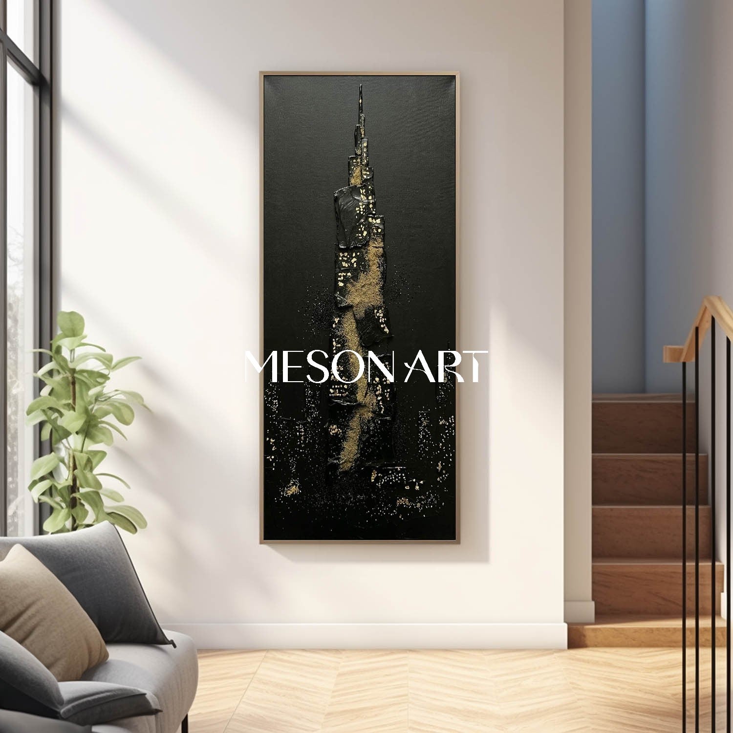 Vertical Black Gold Skyscraper Art Abstract Cityscape Wall Decor Dark Aesthetic Entryway Art