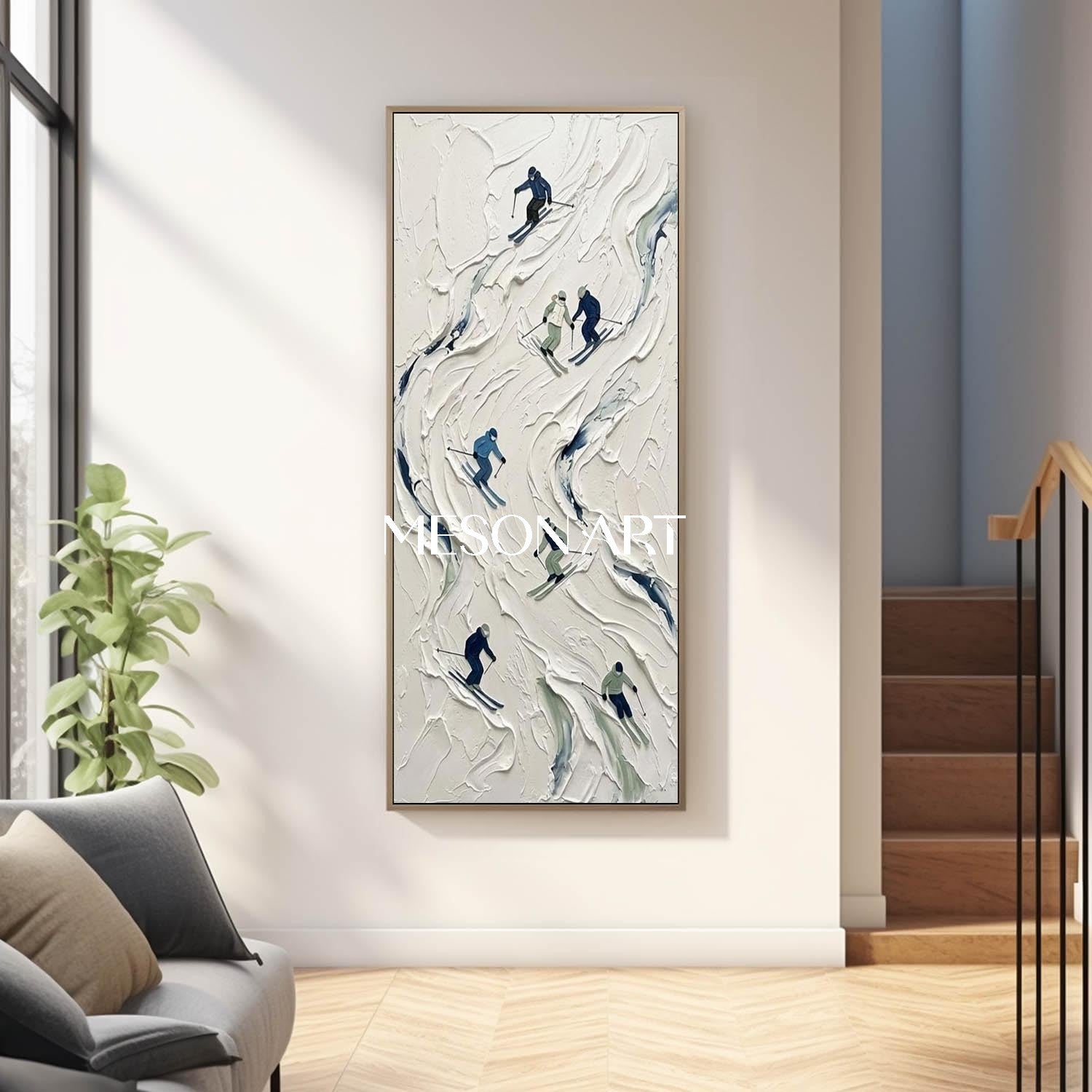 Vertical Plaster Relief Winter Sports Landscape Painting for Entryway Wall