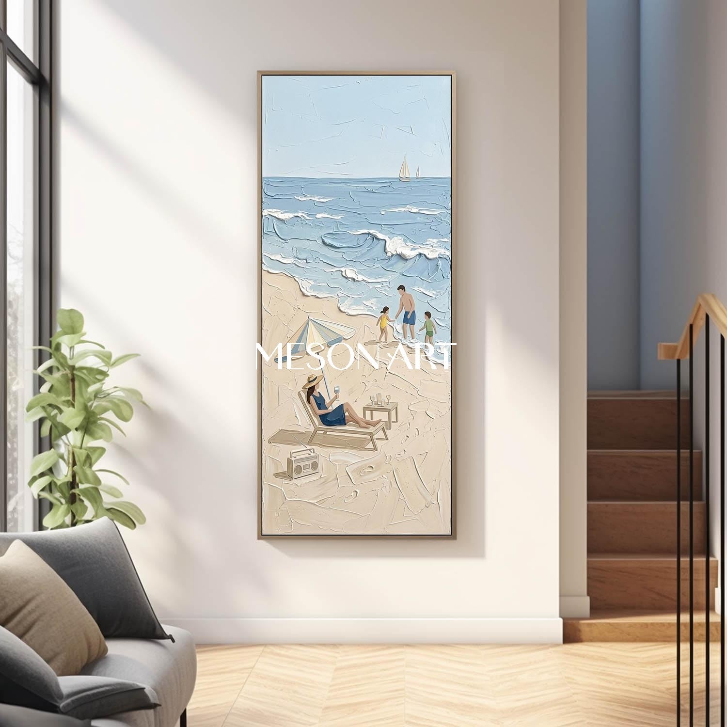 3D Textured Beach Painting Minimalist Coastal Art Hand-painted Texture Art Bohemian Beach Wall Art