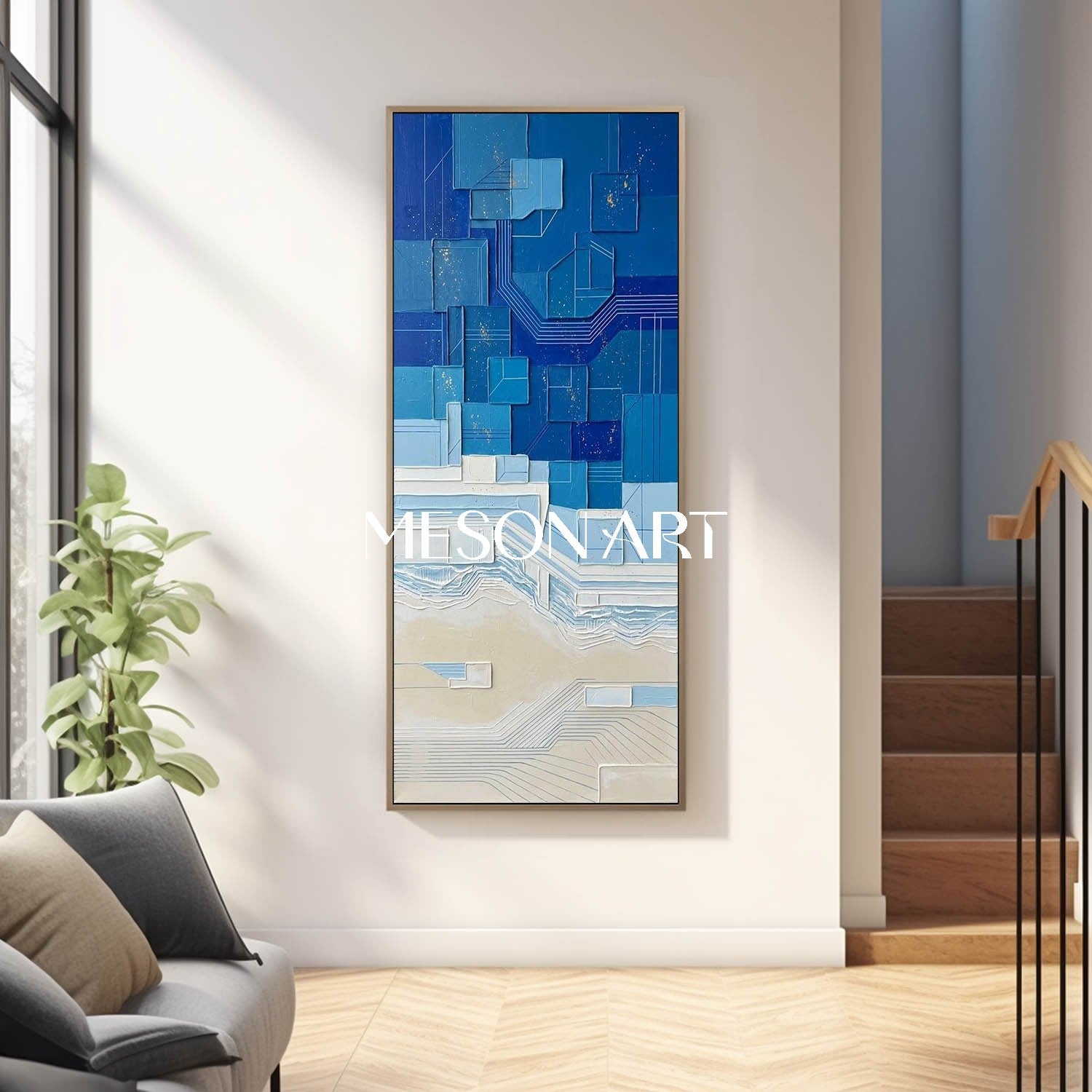 Oversized Blue Textured Art Blue Geometric Abstract Artwork Handmade Relief Wall Painting