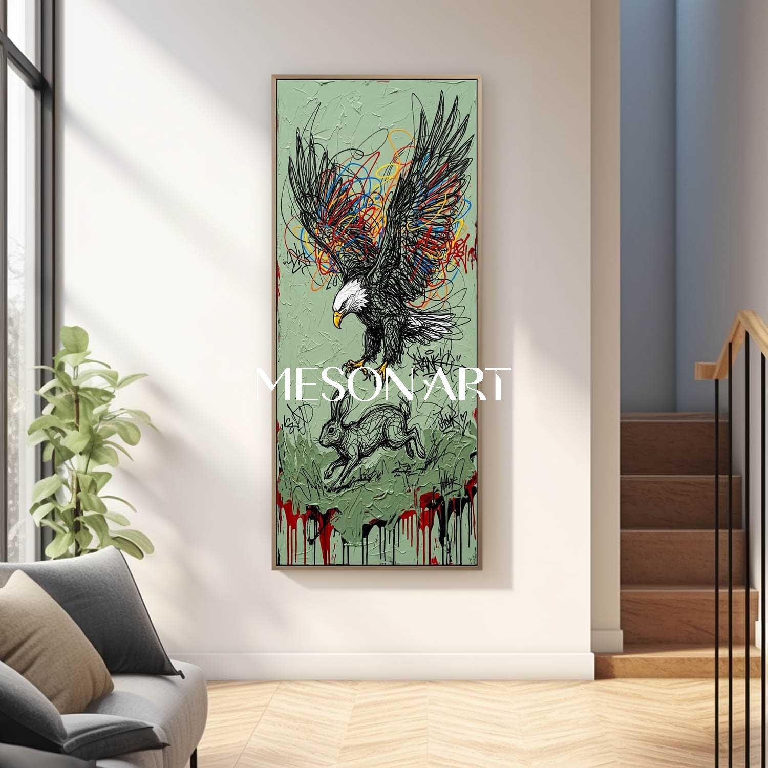 Large Vertical Framed Bald Eagle Hunting Rabbit Canvas Wall Art, Sage Green Textured Abstract Street Art Oil Painting For Office And Living Room Decor By MesonArt
