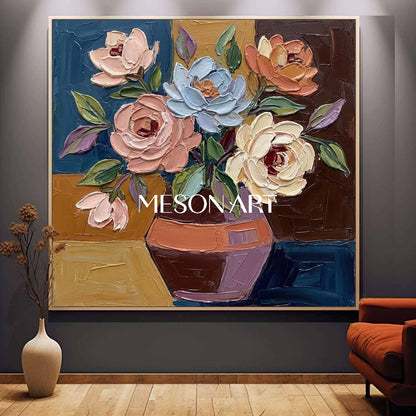 Abstract floral wall art decoration with colorful knife scraping colorful floral palette painting