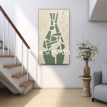 Tall Vertical Fragmented Vase Art Sage Green Geometric Still Life Custom Size Boho Minimalist Art