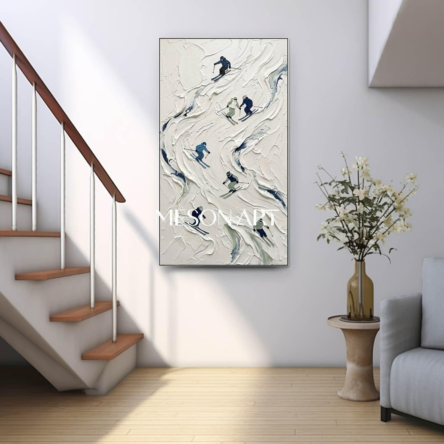 Vertical Plaster Relief Winter Sports Landscape Painting for Entryway Wall