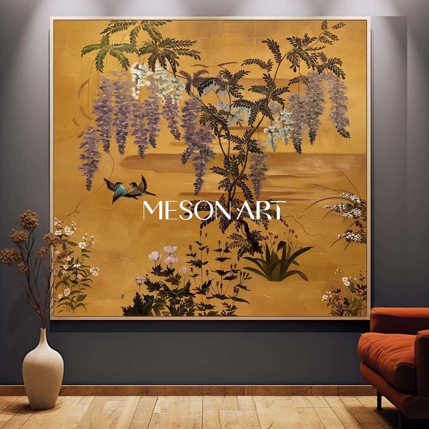 Vintage Gold Chinoiserie Floral Oil Painting Wall Art | MesonArt
