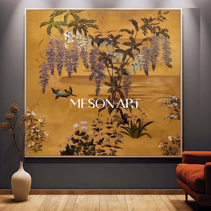 Vintage Gold Chinoiserie Floral Oil Painting Wall Art | MesonArt