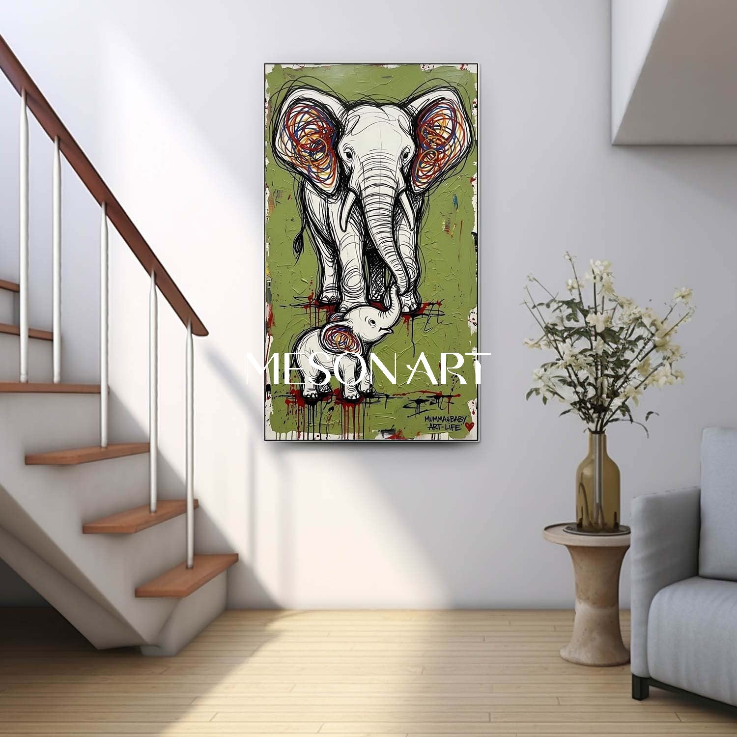 Large Avocado Green Elephant Canvas Art Abstract Elephant Graffiti Painting