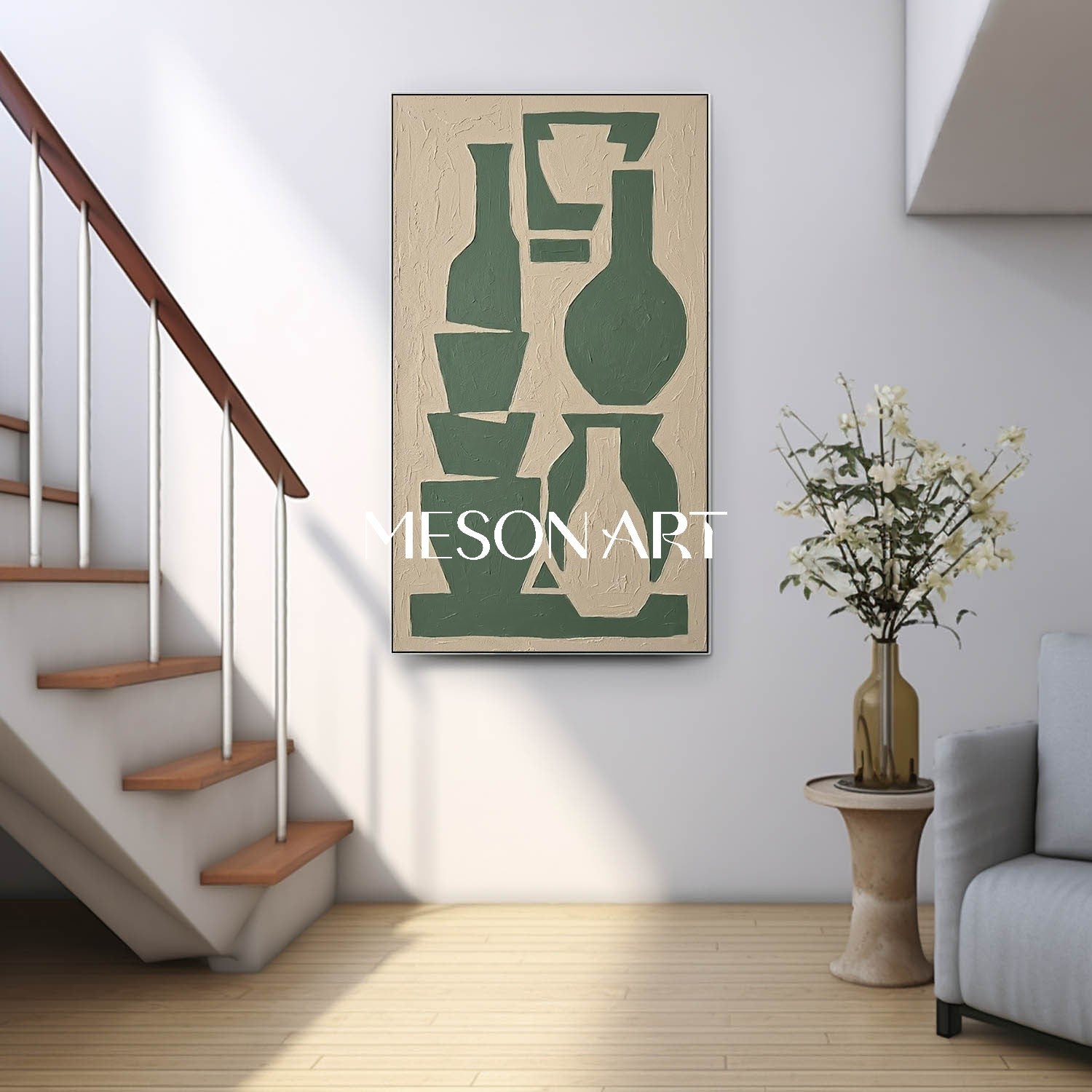 MesonArt Tall Vertical Vase Art Sage Green Stacked Bottles Heavy Impasto Staircase Painting