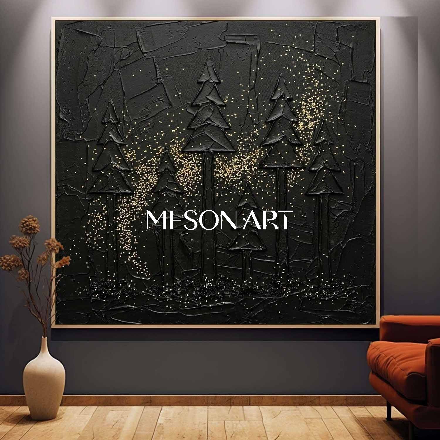 Contemporary Living Room Piece Textured Black Forest Gold Glitter Canvas Abstract Dark Aesthetic