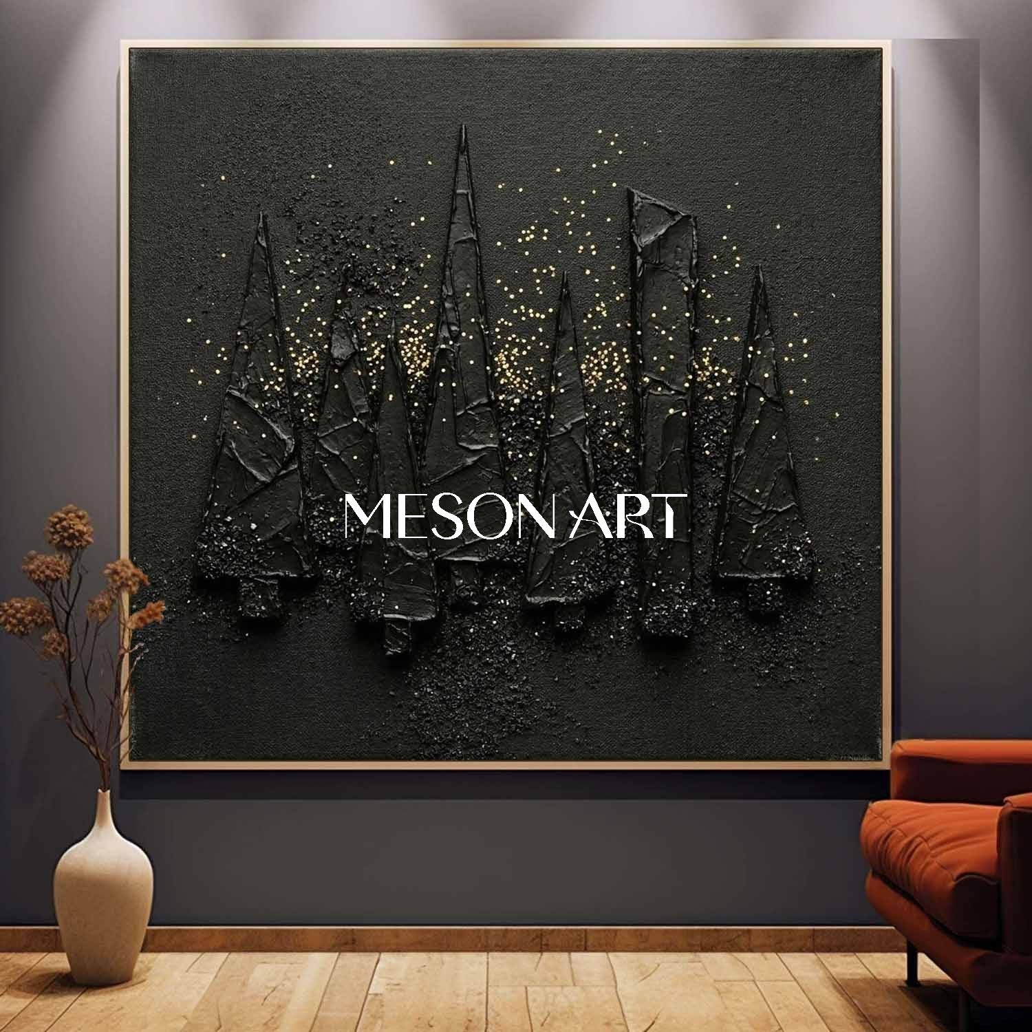 Black Textured Art Modern Minimalist Decor Abstract Christmas Trees Geometric Pine Trees