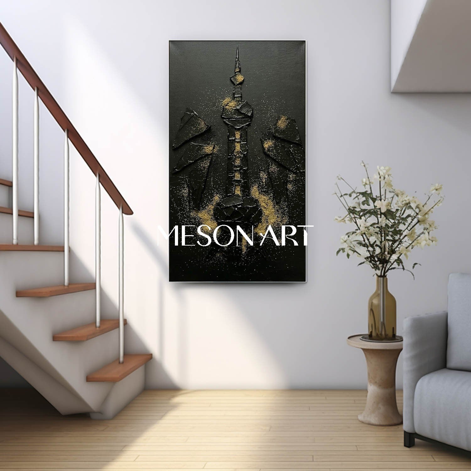 Abstract Tower Wall Art, Landmark Silhouette Canvas, Symmetrical Geometric Painting, Floating Shards Decor.