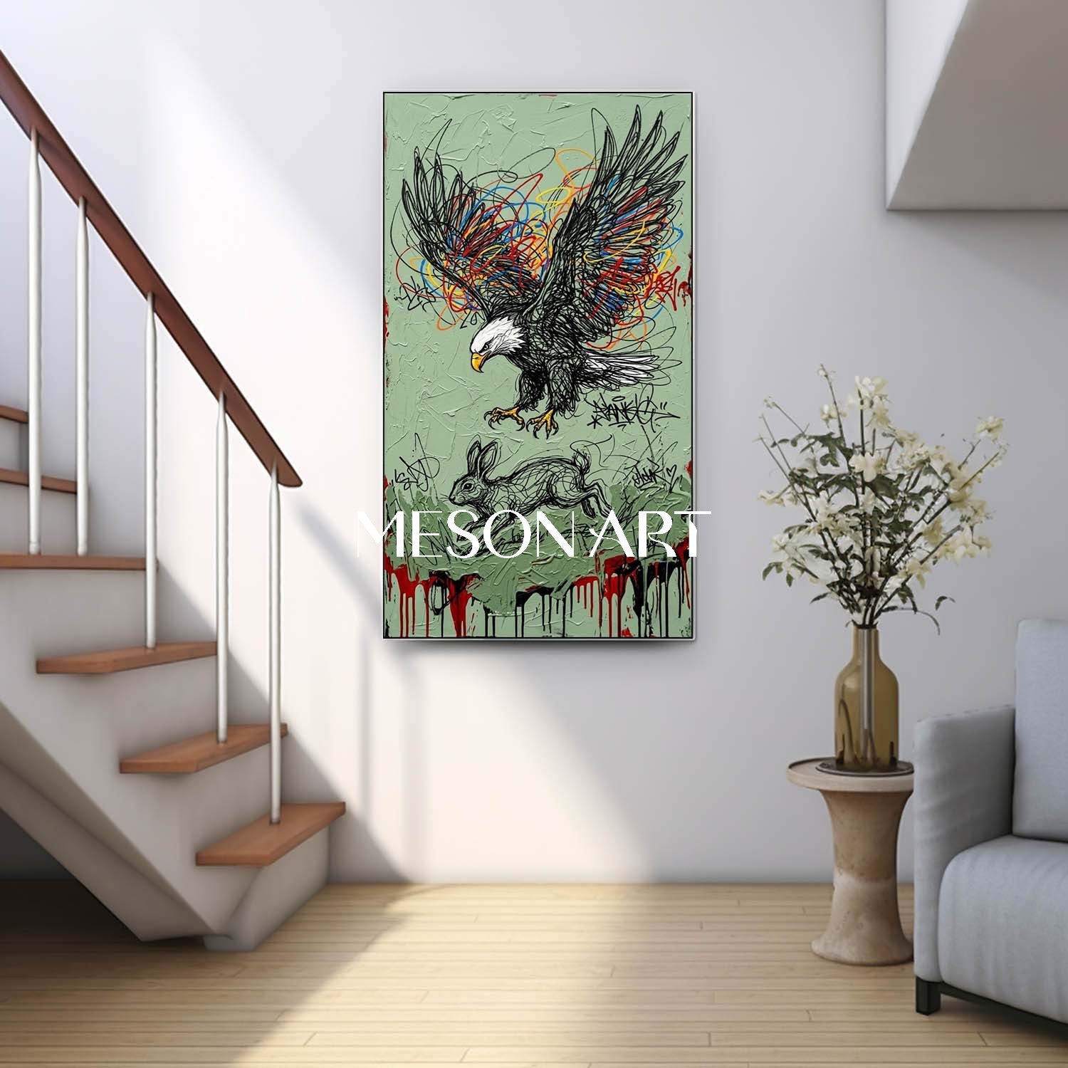 Large Vertical Framed Bald Eagle Hunting Rabbit Canvas Wall Art, Sage Green Textured Abstract Street Art Oil Painting For Office And Living Room Decor By MesonArt
