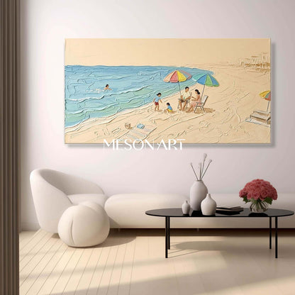 Family Beach Scene Wall Art Morandi Seascape Painting Large Vertical Canvas Art