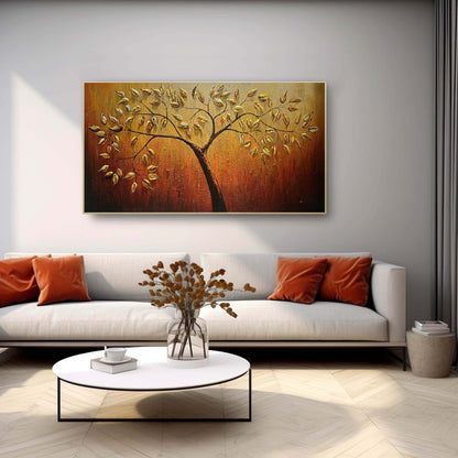 Large 3D Dold Leaf Tree Wall Art Decor Golden Leaf Tree Wall Decoration Hanging Painting Gold Leaf Tree Canvas Art