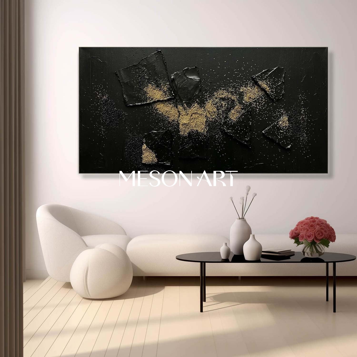 Black And Gold Abstract Canvas Wall Art 3D Textured Painting MesonArt