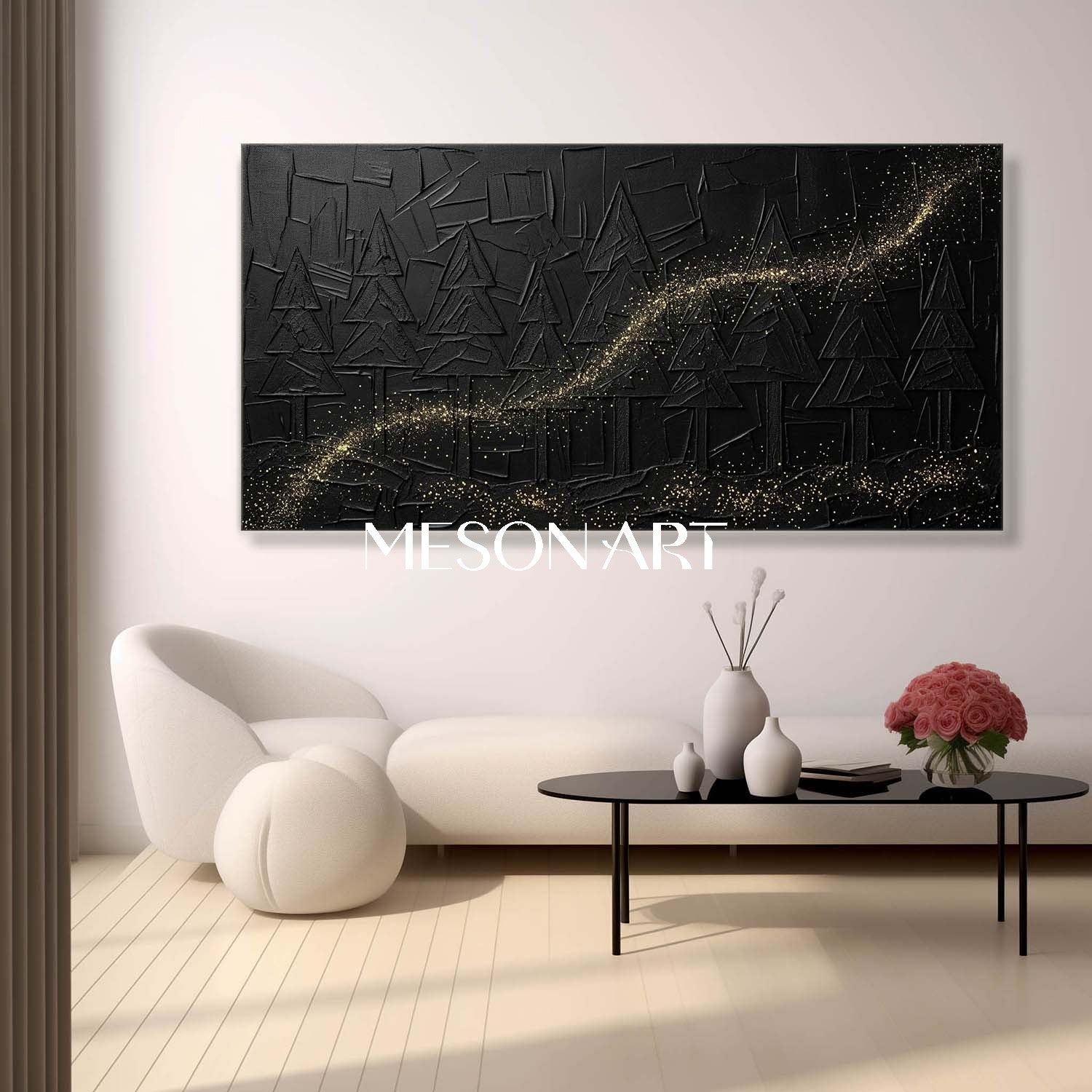 Large Abstract Forest Black Gold Canvas 3D Textured Geometric Pine Tree Art