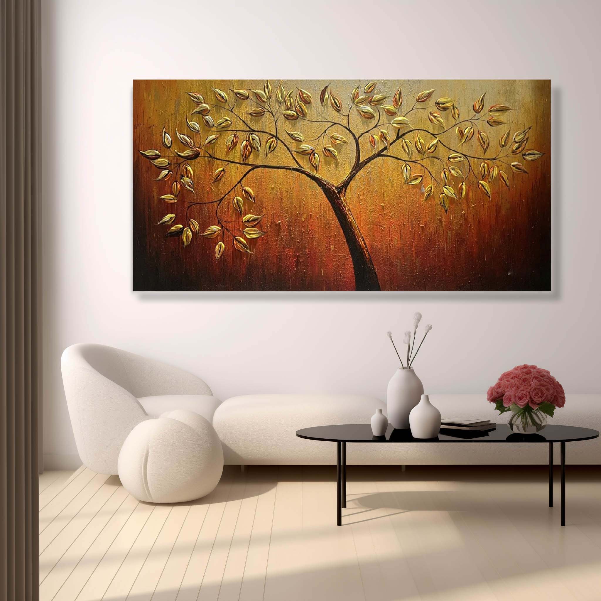 Large 3D Dold Leaf Tree Wall Art Decor Golden Leaf Tree Wall Decoration Hanging Painting Gold Leaf Tree Canvas Art