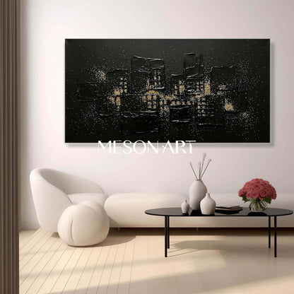 Impasto Geometric City Night Canvas Panoramic Black Gold Cityscape Canvas Art