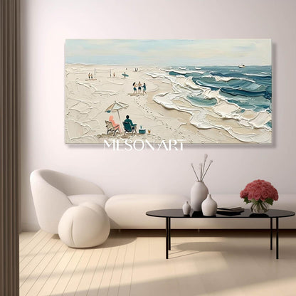 Sandy Beach Painting Beach Ocean Waves Painting Textured Wall Art Large Framed Canvas Ready To Hang Panoramic