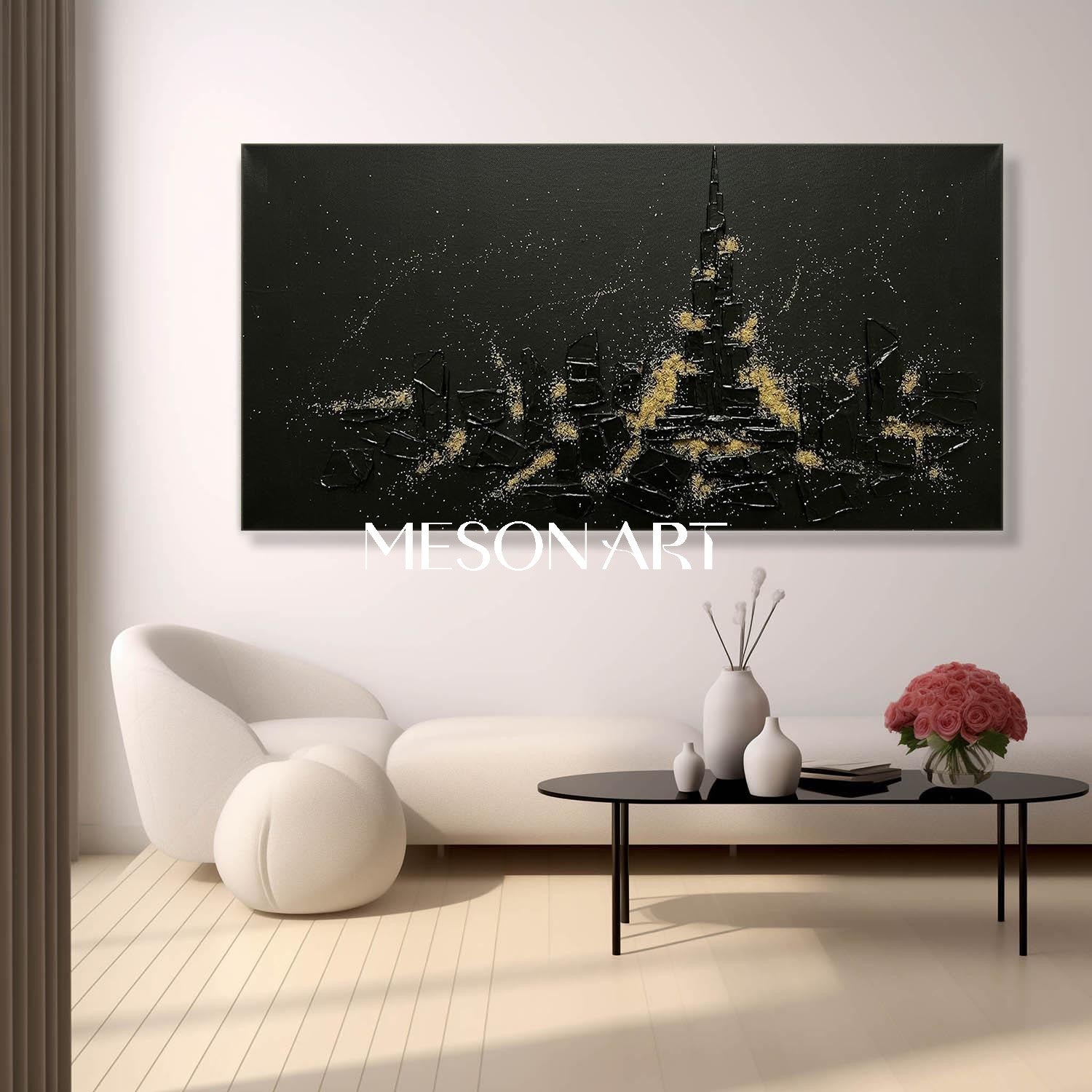 Large 3D Impasto Canvas, Heavy Plaster Architecture Art, Dark Aesthetic Luxury Decor, Gold Dust Urban Landscape.